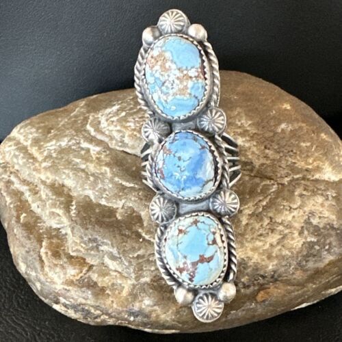 Navajo Green Sonoran Gold Turquoise Multi-Stone Ring | Authentic Native American Sterling Silver | Sz 8 | 16289