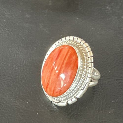 Women's Orange Spiny Oyster Navajo Ring | Sterling Silver | Sz 8 | Authentic Native American Handmade | 16034