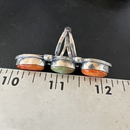 Navajo Green Turquoise Spiny Oyster Multi-Stone Ring | Authentic Native American Sterling Silver | Sz 10 | 16713