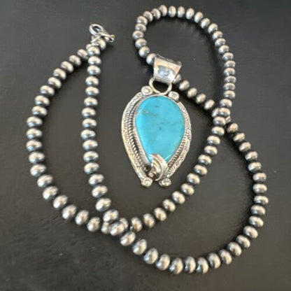Navajo Blue Turquoise Pendant Necklace | Sterling Silver Pearls | Authentic Native American Handmade | 15645