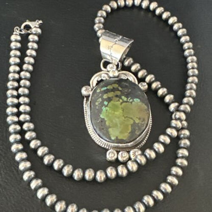Navajo Green Turquoise Pendant Necklace | Sterling Silver | Authentic Native American Handmade | 15039