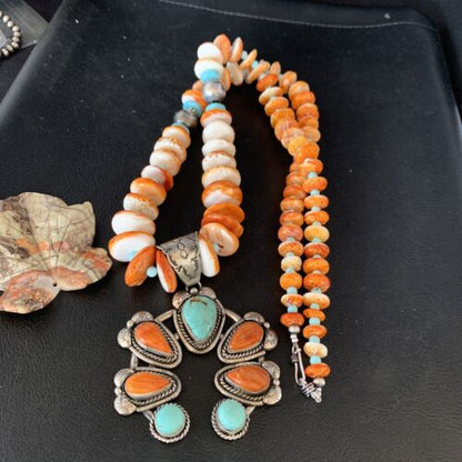 Orange Spiny Turquoise Naja Navajo Pendant Necklace | Sterling Silver | 30" | Authentic Native American Handmade | 14007