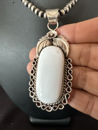 Navajo Pearls White Buffalo Turquoise Necklace Pendant | Sterling Silver | Authentic Native American Handmade | 15707