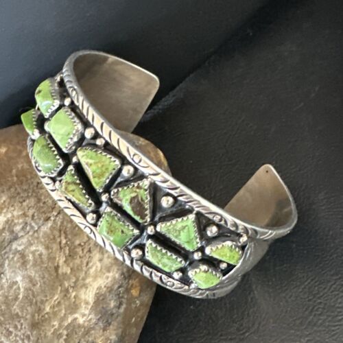 Navajo Green Gaspeite Cluster Cuff Bracelet | Sterling Silver | Authentic Native American Handmade | 16377