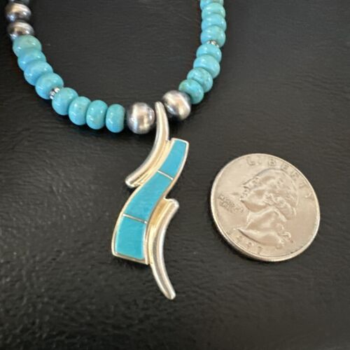 Navajo Blue Kingman Turquoise Inlay Pendant Necklace | Sterling Silver | 21" | Authentic Native American Handmade | 16931