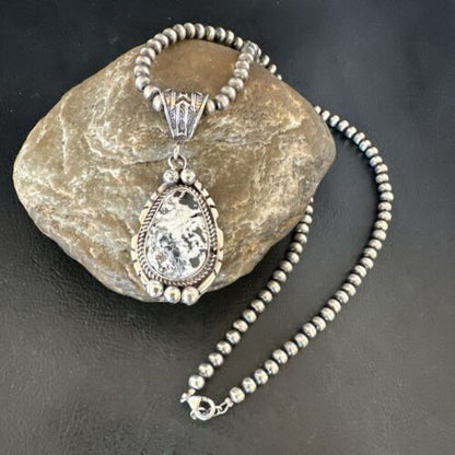 Navajo White Buffalo Turquoise Pendant Necklace | Sterling Silver | Authentic Native American Handmade | 17516