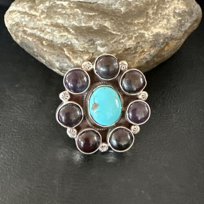 Navajo Blue Kingman Turquoise and Sugilite Cluster Ring | Authentic Native American Sterling Silver | Multi-Stone | Sz 7 | 16773