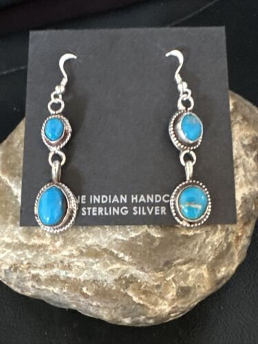 Kingman Turquoise Dangle Earrings | Navajo Sterling Silver | Authentic Native American Handmade | 14870