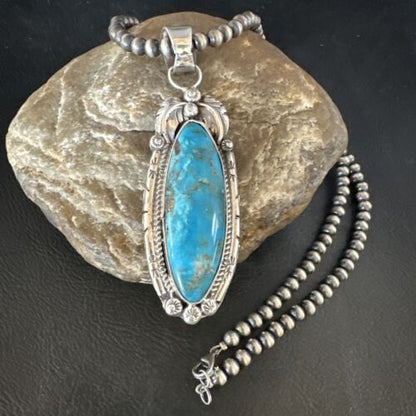 Navajo Kingman Turquoise Pendant Necklace | Sterling Silver Pearls | Authentic Native American Handmade | 15219
