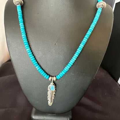 Men's Blue Turquoise Navajo Necklace | Sterling Silver Feather Opal Pendant | Native American Handmade | 17438