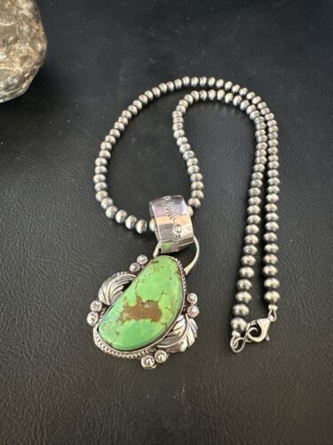 Navajo Green Gaspeite Pendant Necklace | Sterling Silver | Authentic Native American Handmade | 14998