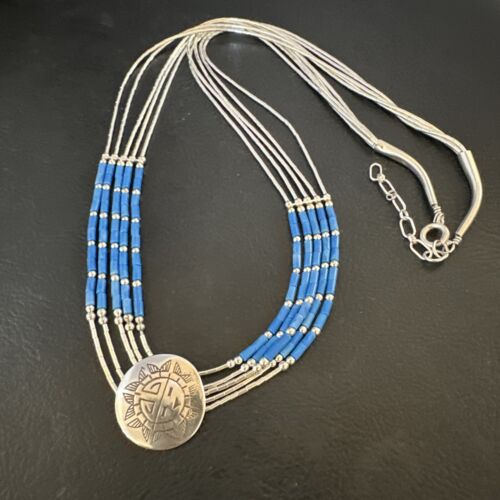 Navajo Concha Blue Denim Lapis Heishi Liquid Sterling Silver 5-Strand Necklace 20" | 15875