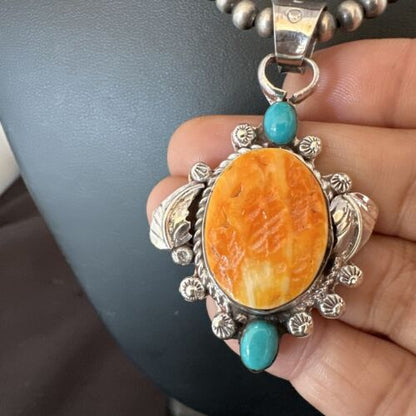 Navajo Orange Spiny Oyster Blue Turquoise Pendant Necklace | Sterling Silver | 20" | 16459