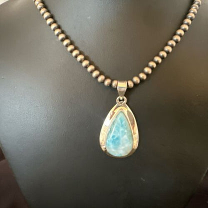 Navajo Blue Larimar Pendant Necklace | Sterling Silver Beads | Authentic Native American Handmade | 16962
