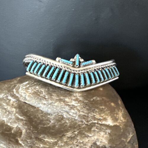 Native American Zuni Blue Turquoise Needle Point Cluster Cuff Bracelet | Sterling Silver | Handmade Southwestern Jewelry | 15068