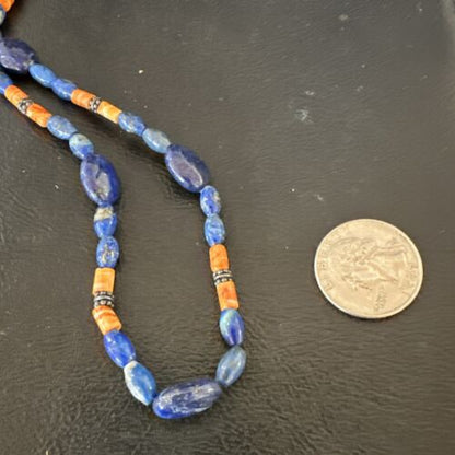 Men's Lapis & Orange Spiny Oyster Navajo Pearls Sterling Silver Necklace 18" | Handmade 17501