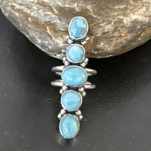 Navajo Women's Cluster Blue Larimar Ring | Authentic Native American Sterling Silver | Multi-Stone | Sz 7.5 | 15953