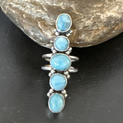 Navajo Women's Cluster Blue Larimar Ring | Authentic Native American Sterling Silver | Multi-Stone | Sz 7.5 | 15953