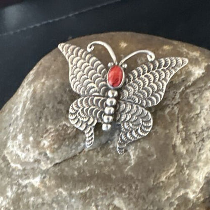 Navajo Butterfly Red Coral Pin Pendant | Sterling Silver | 1.25" | Authentic Native American Handmade | 15235