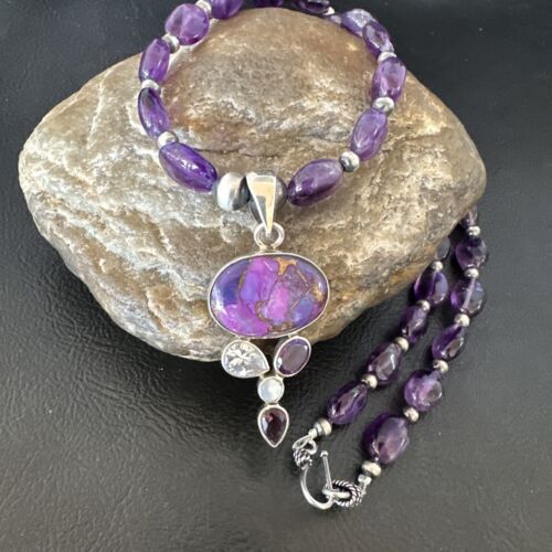 Mojave Turquoise Amethyst Pendant Necklace | Navajo Pearls | Sterling Silver | Native American Handmade | 16097