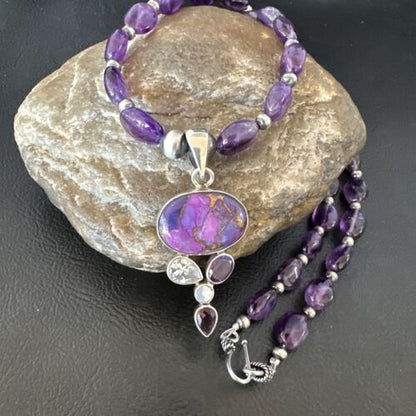 Mojave Turquoise Amethyst Pendant Necklace | Navajo Pearls | Sterling Silver | Native American Handmade | 16097