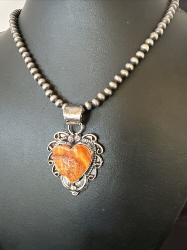 Navajo Orange Spiny Oyster Heart Pendant Necklace | Sterling Silver | Authentic Native American Handmade | 16418