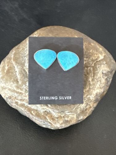 Navajo Blue Kingman Turquoise Post Stud Earrings | Sterling Silver | Authentic Native American Handmade | 17470