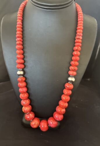 Authentic Navajo Sterling Silver Necklace | Apple Sponge Coral Graduated Beads | 25" | Native American Jewelry | 16815