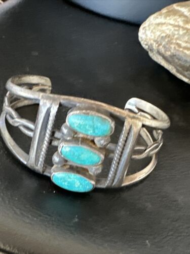 Women's Navajo Sterling Silver Cuff Bracelet | Blue Arizona Turquoise | 3 Stone | 16430
