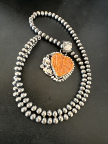 Navajo Orange Spiny Oyster Heart Pendant Necklace | Sterling Silver | Authentic Native American Handmade | 16416