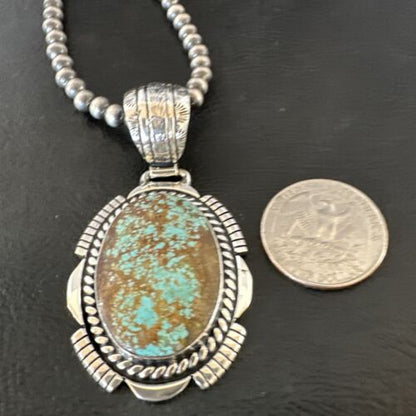 Navajo Blue Turquoise #8 Pendant | Sterling Silver Pearls Necklace | Authentic Native American Handmade | 16348