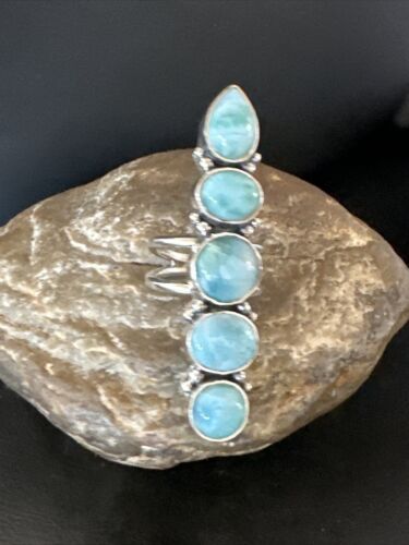 Navajo Blue Larimar Cluster Ring | Authentic Native American Sterling Silver | Multi-Stone | Sz 8.5 | 16153