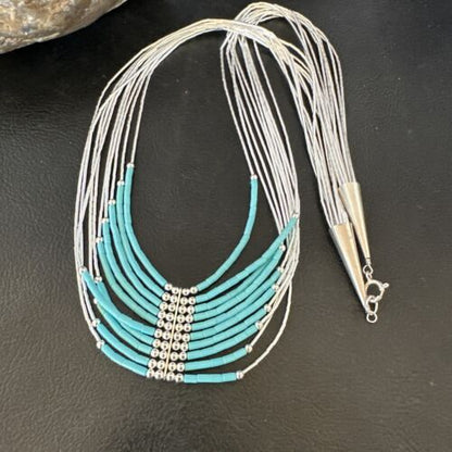 Navajo Blue Turquoise 10-Strand Heishi Necklace | Sterling Liquid Silver Tubes | 22" | 16448