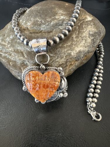 Navajo Orange Spiny Oyster Heart Pendant Necklace | Sterling Silver | Authentic Native American Handmade | 16422