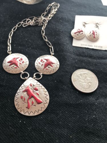 Zuni Coral Pendant Necklace & Earrings Set | Sterling Silver | Cardinal Design | Authentic Native American Old Pawn Jewelry