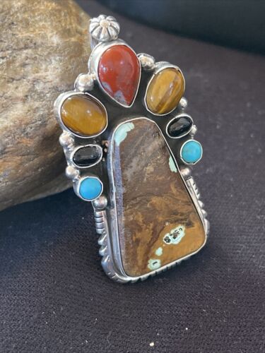Navajo Sterling Silver Pendant | Turquoise #8, Onyx, Tigers Eye | Authentic Native American Handmade | 16835