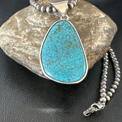 Men's Navajo Blue Spiderweb Turquoise Pendant Necklace | Sterling Silver | Authentic Native American Handmade | 16204