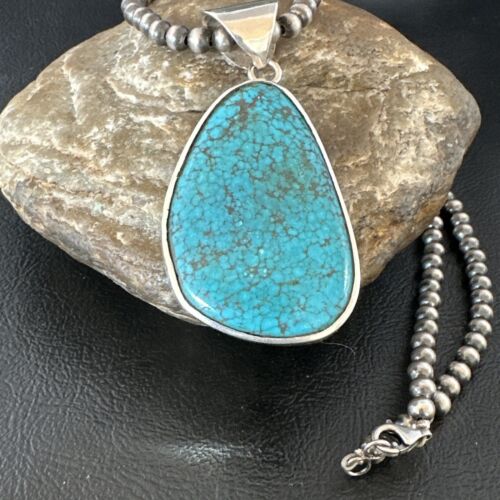Men's Navajo Blue Spiderweb Turquoise Pendant Necklace | Sterling Silver | Authentic Native American Handmade | 16204