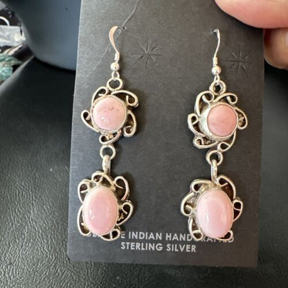 Navajo Pink Conch Shell Cluster Earrings | Sterling Silver | Authentic Native American Handmade | 15690