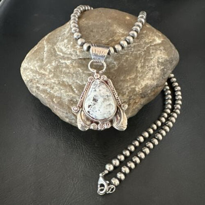 Men's White Buffalo Turquoise Pendant Necklace | Navajo Pearls | Sterling Silver | Native American Handmade | 17330