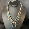 Navajo Kingman Turquoise Shadowbox Squash Blossom Necklace | Sterling Silver | Native American Handmade | 13677