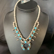 Navajo Kingman Turquoise Shadowbox Squash Blossom Necklace | Sterling Silver | Native American Handmade | 13677