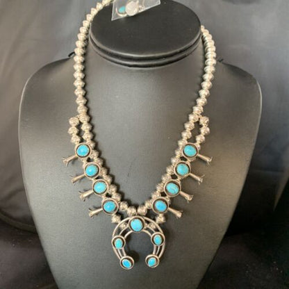 Navajo Kingman Turquoise Shadowbox Squash Blossom Necklace | Sterling Silver | Native American Handmade | 13677