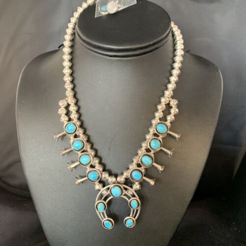 Navajo Kingman Turquoise Shadowbox Squash Blossom Necklace | Sterling Silver | Native American Handmade | 13677