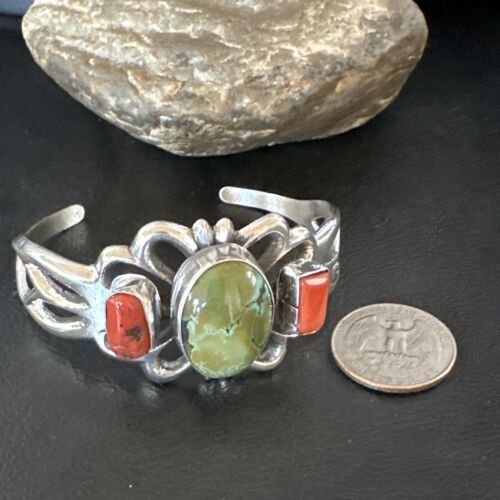 Royston Turquoise Coral Cuff Bracelet | Navajo Tufa Cast | Sterling Silver | Authentic Native American Handmade | 16778