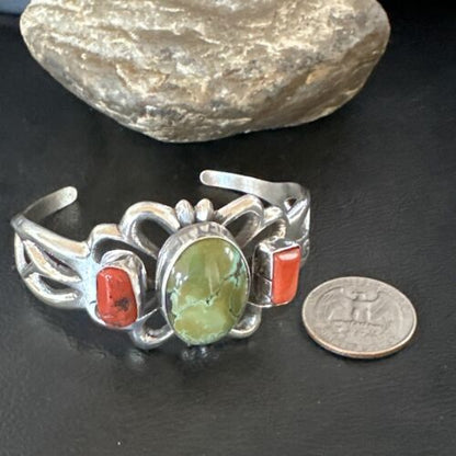 Royston Turquoise Coral Cuff Bracelet | Navajo Tufa Cast | Sterling Silver | Authentic Native American Handmade | 16778