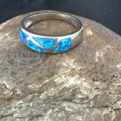 Navajo Blue Opal Inlay Ring | Sterling Silver | Sz 8 | Authentic Native American Handmade | 17155