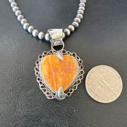 Navajo Orange Spiny Oyster Heart Pendant Necklace | Sterling Silver | Authentic Native American Handmade | 16295