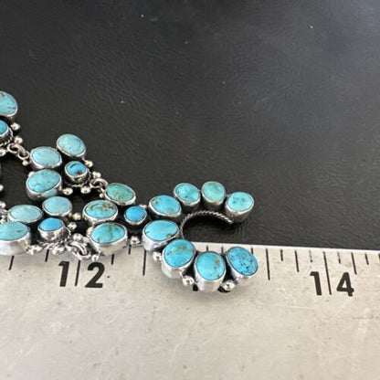 Navajo Blue Kingman Turquoise Squash Blossom Necklace | Sterling Silver | Authentic Native American Handmade | 16829