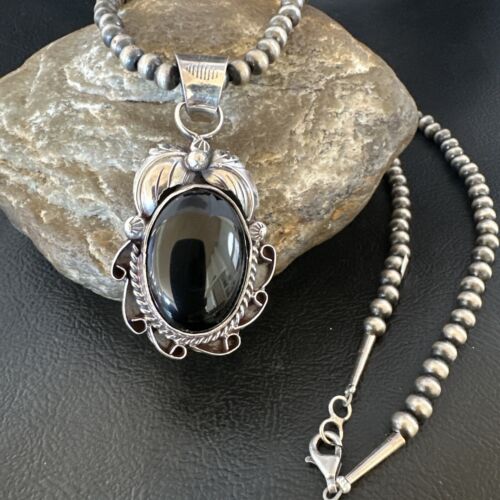 Native American Men's Pendant | Navajo Pearls | Sterling Silver Black Onyx Necklace | 16128
